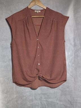 Max Studio Rust and White Striped Knot-Front Sleeveless Blouse